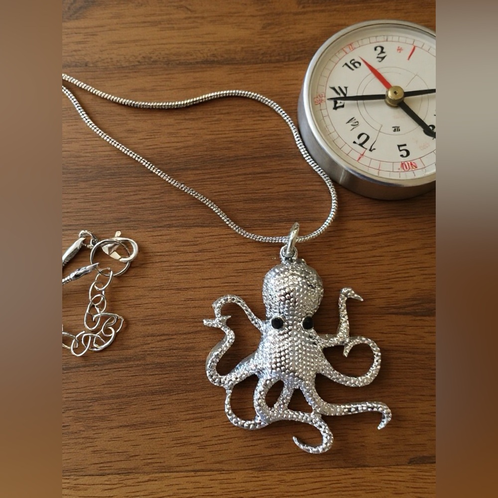 Shiny Silver Toned Octopus Pendant Necklace with Rhinestone Eyes - Picture 10 of 17